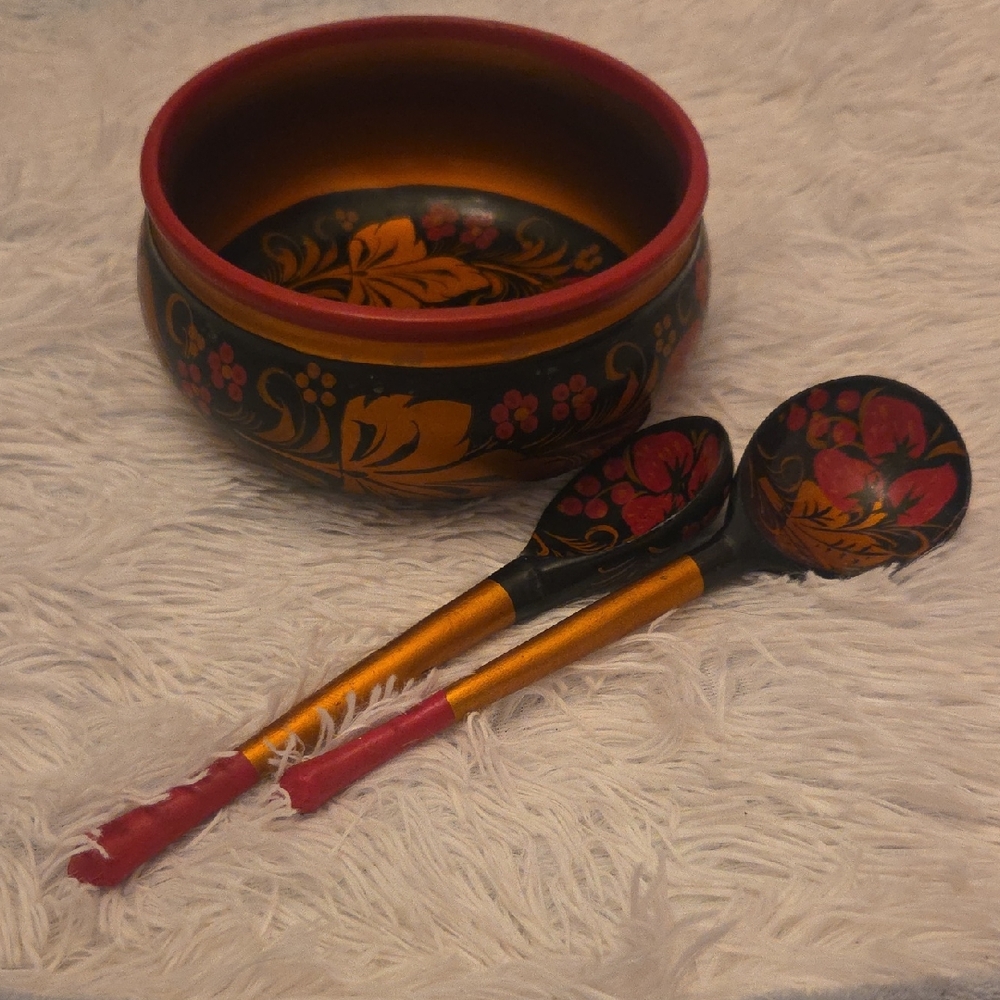 Vintage Russian Hand-Painted, Lacquered, Wooden Bowl and Spoon Set